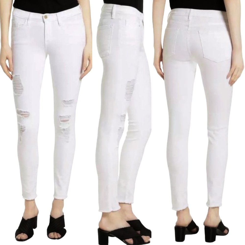 Frame Le Skinny De Jeanne Low-Rise Distressed Jeans in Ripped Blanc White Sz 24